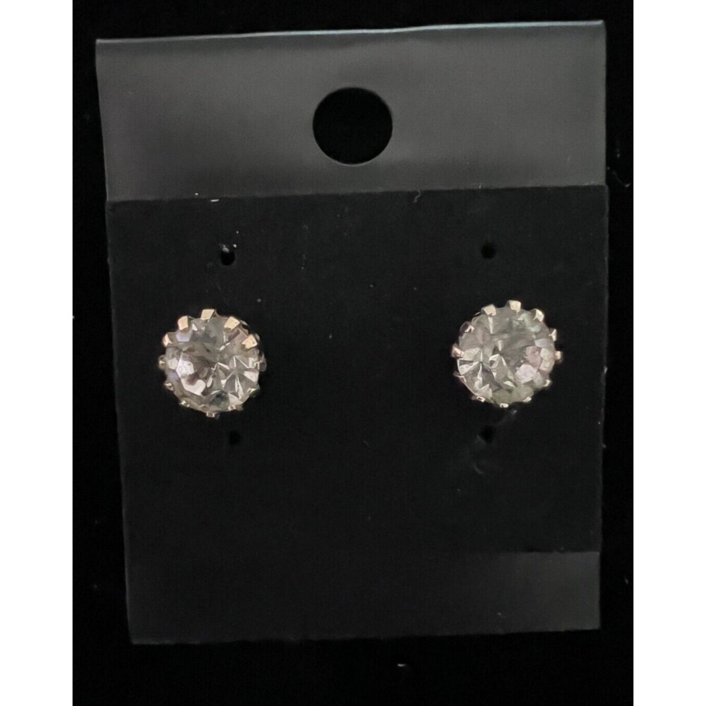 Vintage Clear Large 8mm Rhinestone Earrings Solitaire Pierced Studs Goldtone